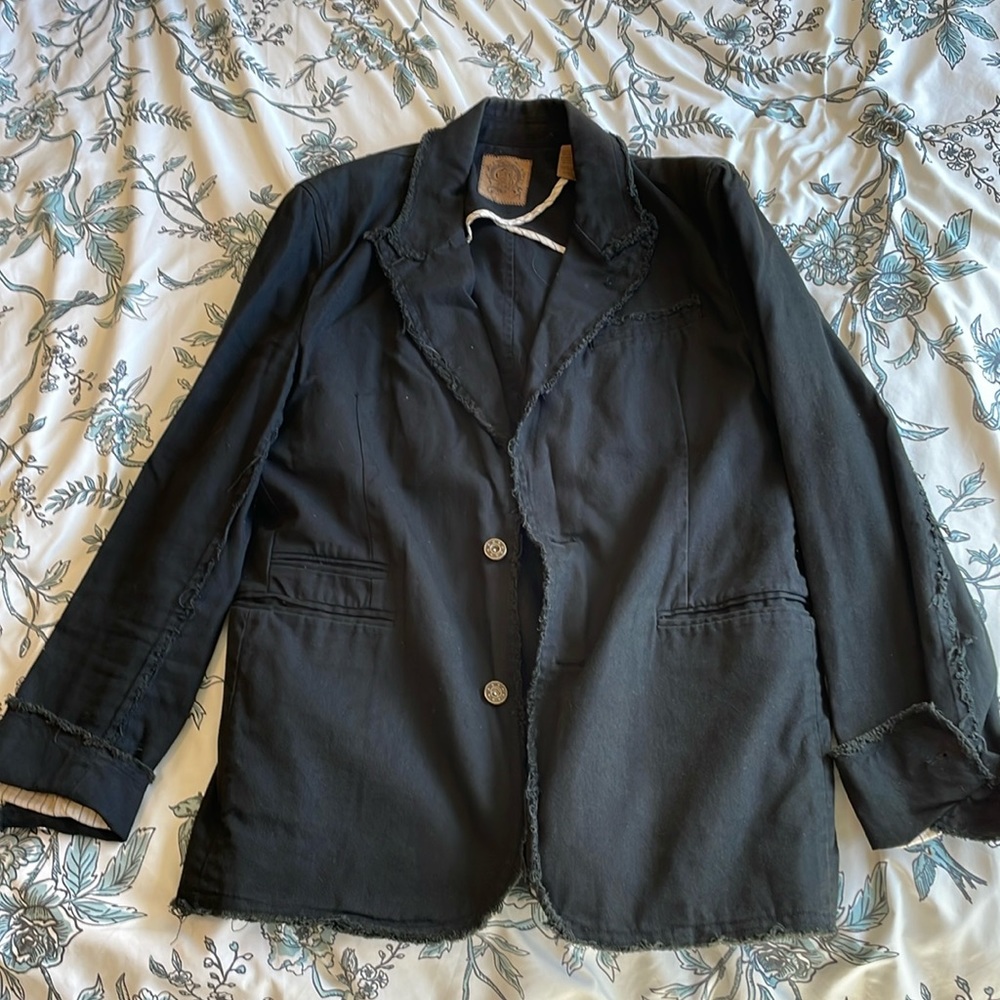 Black denim blazer, tall but slim, distressed edges